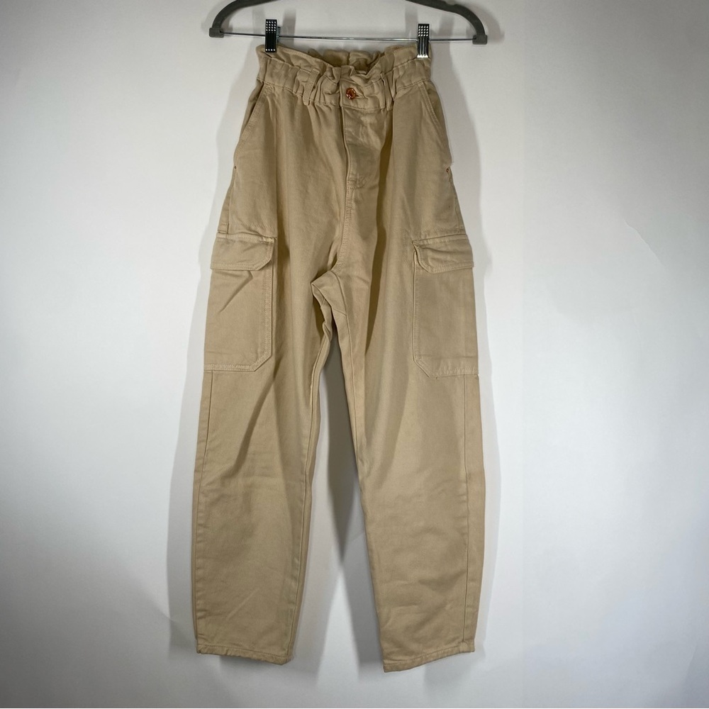 Zara Beige Cotton High Rise Paper Bag Cargo Denim Jeans. Size 0